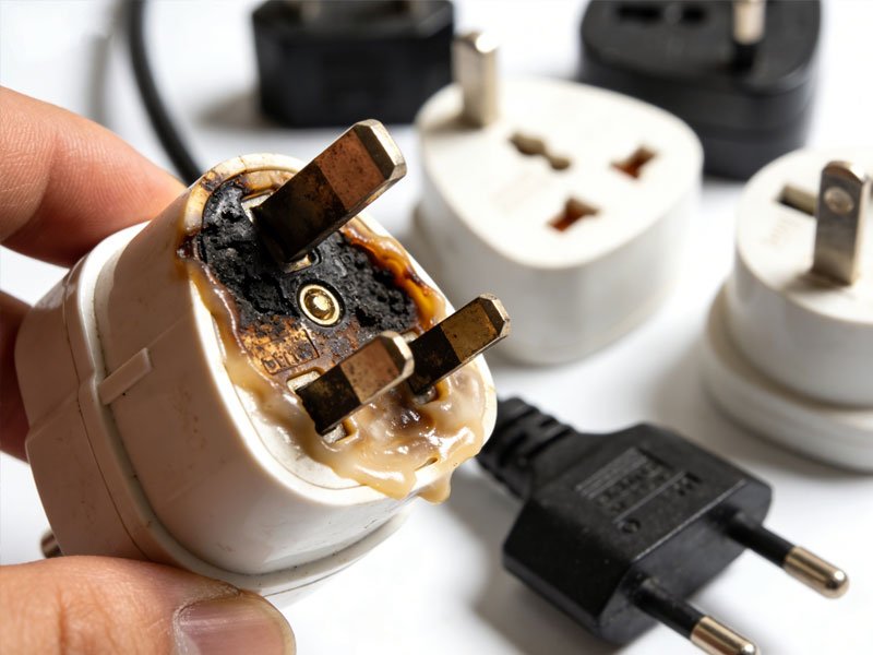 A burnt-out travel adapter — what improvised power adaptation looks like on site