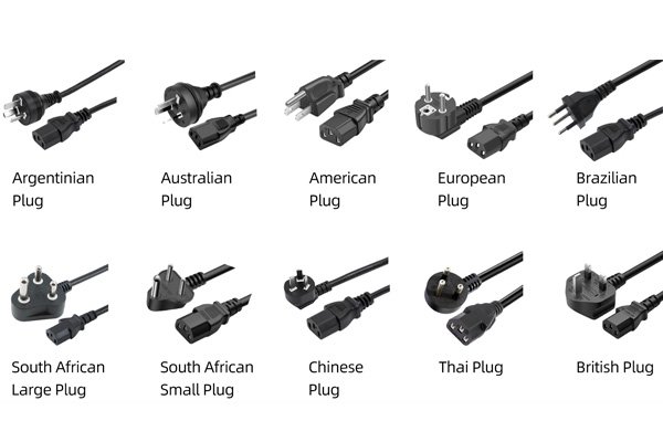 Regional plug types the standard power cord is supplied in — EU, US, UK, AU, BR, ZA, CN, TH and AR