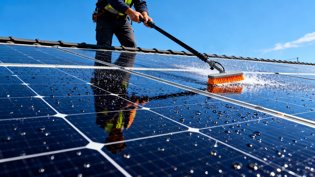 WSE-G01 water-fed brush spraying water on a solar panel