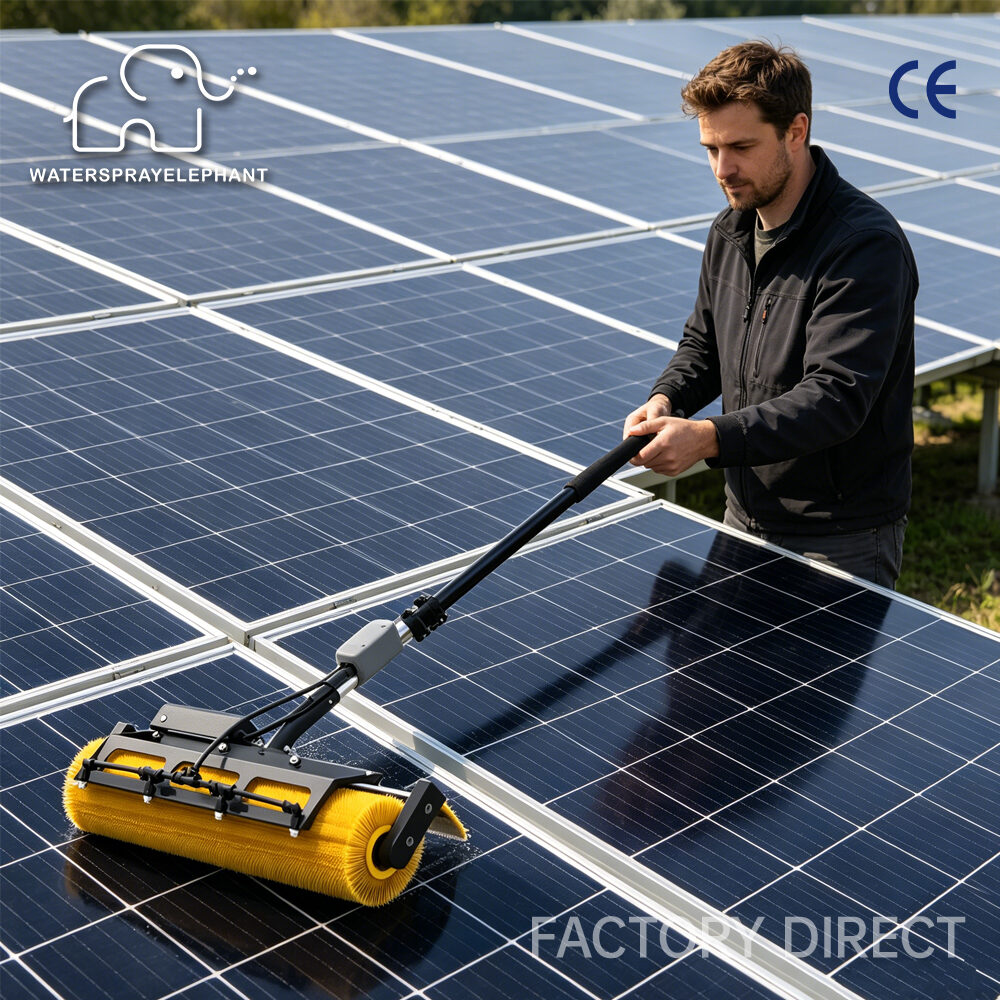 Operator cleaning a utility-scale solar array with a WSE roller brush