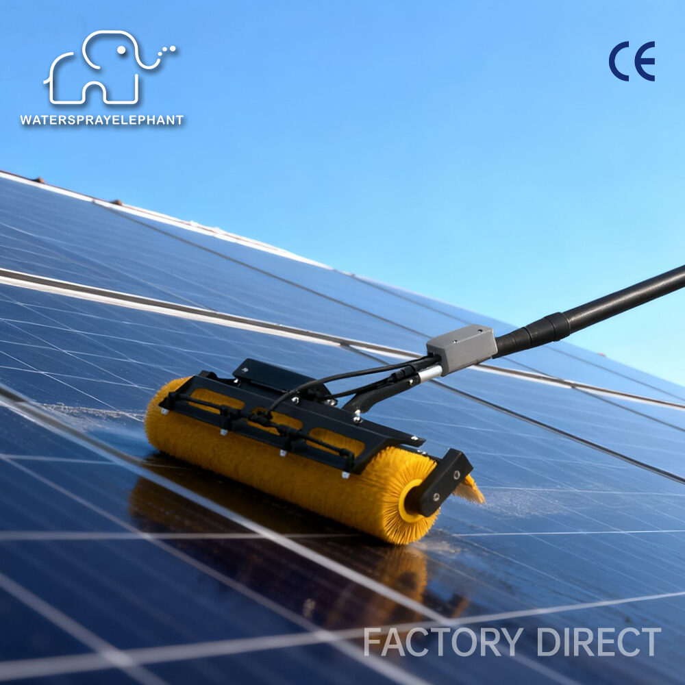 WSE-G04 roller brush on a solar panel, close-up