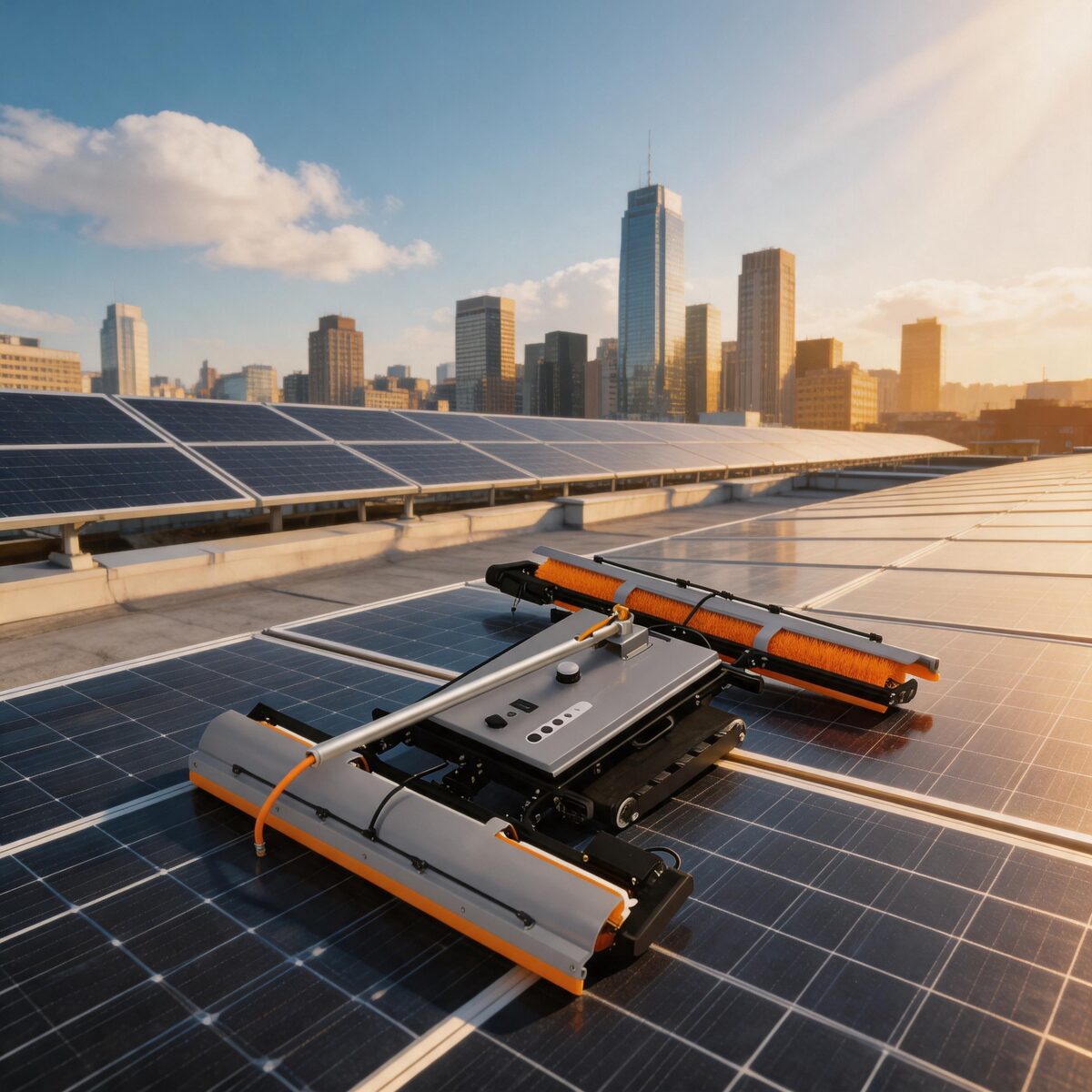 WSE-R01B cleaning robot on a commercial rooftop array