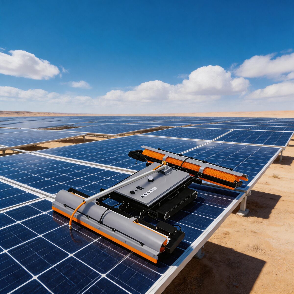 WSE-R01B cleaning robot working on a ground-mounted solar plant
