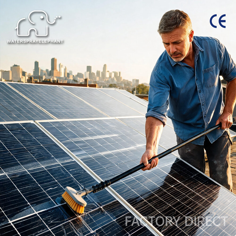 Cleaning a residential rooftop solar array with a telescopic WSE brush
