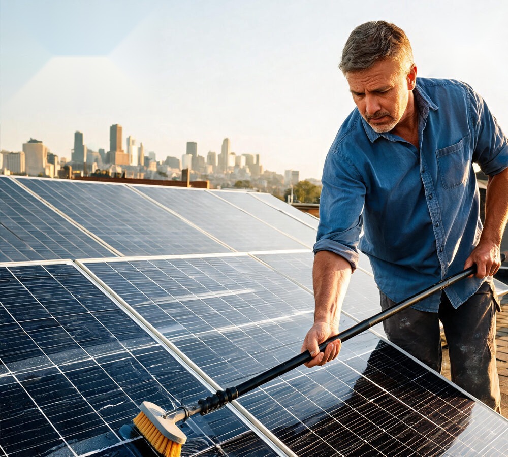 Operator cleaning a rooftop solar panel with a long-reach electric brush